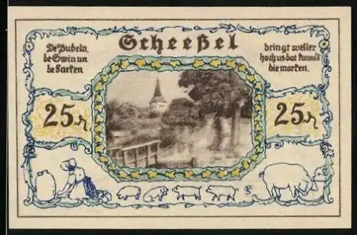 Notgeld Scheessel 1921, 25 Pfennig, Ortsblick und Frauen in Tracht mit Wappen