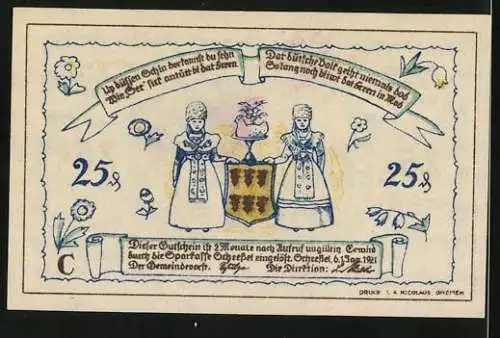 Notgeld Scheessel 1921, 25 Pfennig, Ortsblick und Frauen in Tracht mit Wappen