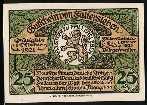 Notgeld Fallersleben 1921, 25 Pfennig, Wappen, Schloss, Amtsgericht und Kirche