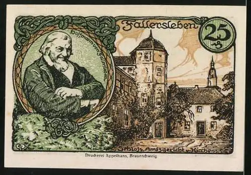 Notgeld Fallersleben 1921, 25 Pfennig, Wappen, Schloss, Amtsgericht und Kirche