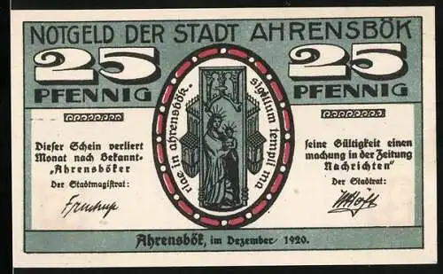 Notgeld Ahrensbök 1920, 25 Pfennig, Marienbildnis und Blick zum Ort