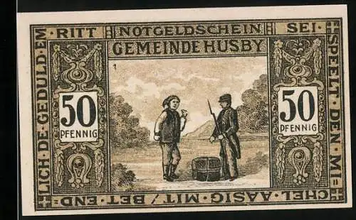 Notgeld Husby in Angeln 1921, 50 Pfennig, Mann und Jäger mit Gewehr, am Teich mit Wappen