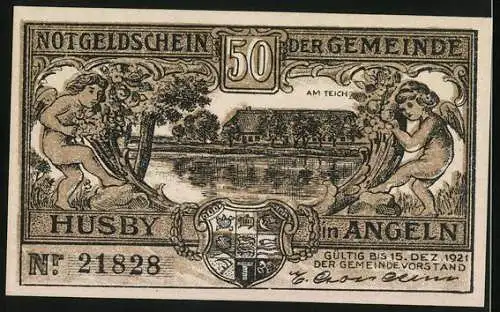 Notgeld Husby in Angeln 1921, 50 Pfennig, Mann und Jäger mit Gewehr, am Teich mit Wappen