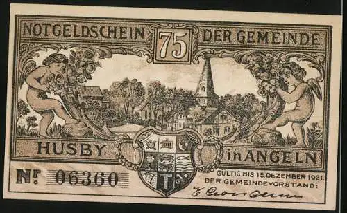 Notgeld Husby in Angeln 1921, 75 Pfennig, Passrevision an der Strasse, Ortspartie mit Kirche und Wappen