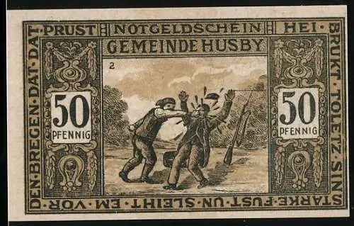 Notgeld Husby in Angeln 1921, 75 Pfennig, Schlägerei und Gerichtstag mit Wappen