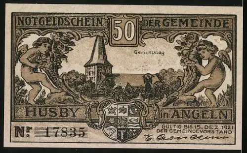 Notgeld Husby in Angeln 1921, 75 Pfennig, Schlägerei und Gerichtstag mit Wappen