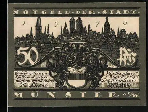 Notgeld Münster i. W. 1921, 50 Pfennig, Stadtansicht 1570 und Schmisinger Hof