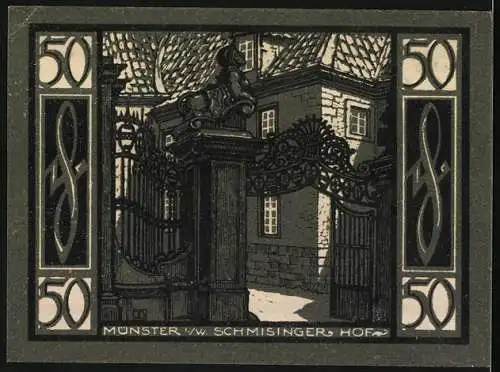 Notgeld Münster i. W. 1921, 50 Pfennig, Stadtansicht 1570 und Schmisinger Hof