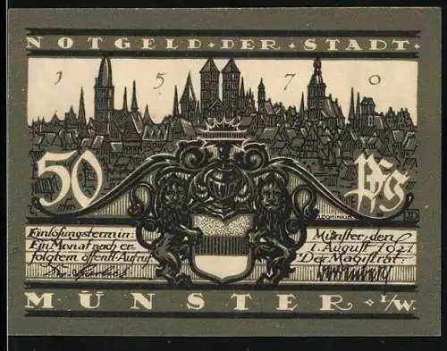 Notgeld Münster i. W. 1921, 50 Pfennig, Stadtansicht 1570 und Rathaus