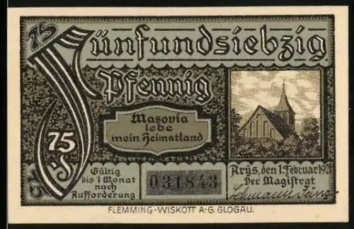 Notgeld Arys in Ostpreussen 1920, 75 Pfennig, Kirche und Wappen