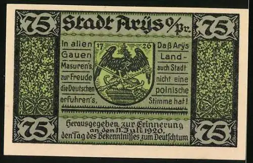 Notgeld Arys in Ostpreussen 1920, 75 Pfennig, Kirche und Wappen