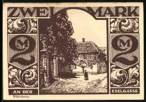 Notgeld Paderborn 1921, 2 Mark, an der Eselgasse, Ein Esel der Dukaten Schiss
