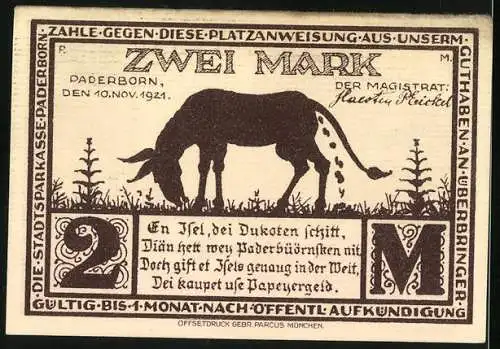 Notgeld Paderborn 1921, 2 Mark, an der Eselgasse, Ein Esel der Dukaten Schiss