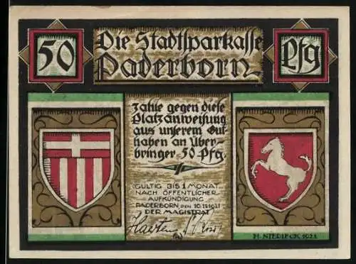 Notgeld Paderborn 1921, 50 Pfennig, Wappen und Empfang des Papstes Leo III. durch Kaaiser Karl der Grosse