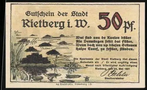 Notgeld Rietberg i. W. 1921, 50 Pfennig, am See und Schlosswälle