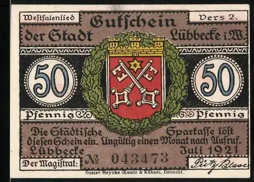 Notgeld Lübbecke i. W. 1921, 50 Pfennig, Wappen, Männer in Westfalenland
