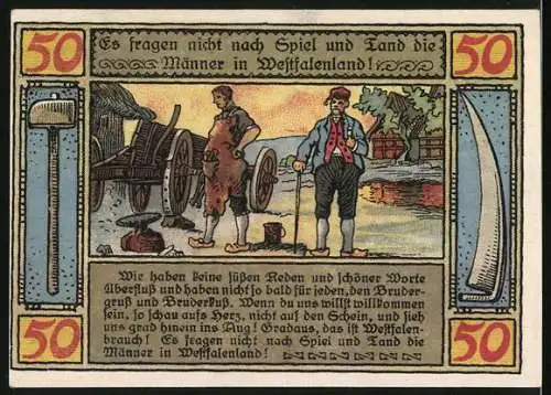 Notgeld Lübbecke i. W. 1921, 50 Pfennig, Wappen, Männer in Westfalenland