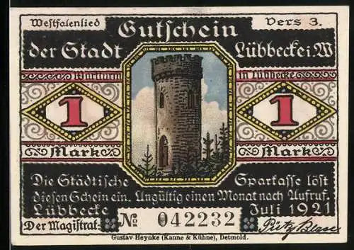 Notgeld Lübbecke i. W. 1921, 1 Mark, Aussichtsturm und Frauen am Spinnrad