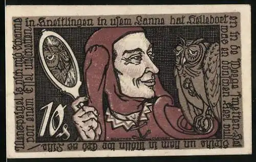 Notgeld Braunschweig 1921, 10 Pfennig, Ulenspiegel mit Eule und Pferd