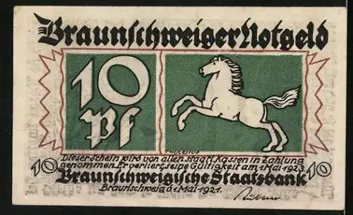 Notgeld Braunschweig 1921, 10 Pfennig, Ulenspiegel mit Eule und Pferd