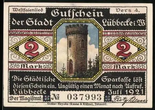 Notgeld Lübbecke i. W. 1921, 2 Mark, Aussichtsturm, Wittekind überrumpelt 775 die Franken