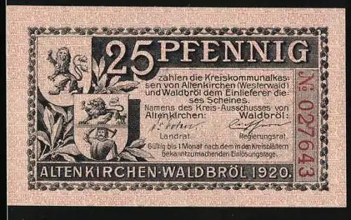 Notgeld Altenkirchen-Waldbröl 1920, 25 Pfennig, Wappen und Kreishaus Waldbröl