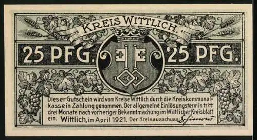 Notgeld Wittlich 1921, 25 Pfennig, Eberhards-Clausen vor 400 Jahren und Wappen