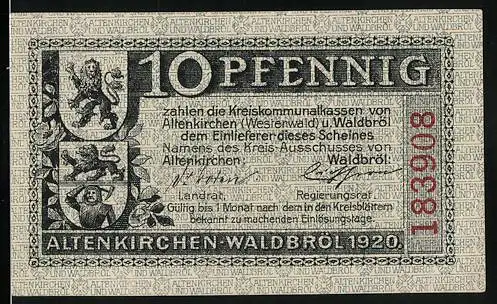 Notgeld Altenkirchen-Waldbröl 1920, 10 Pfennig, Wappen, Bauer und Schmied