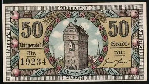 Notgeld Münnerstadt 1921, 50 Pfennig, Oberes Tor und Wappen