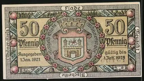 Notgeld Münnerstadt 1921, 50 Pfennig, Oberes Tor und Wappen