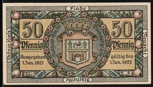 Notgeld Münnerstadt 1921, 50 Pfennig, Oberes Tor und Wappen