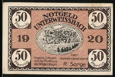 Notgeld Unterweissbach 1920, 50 Pfennig, Ortsansicht von oben