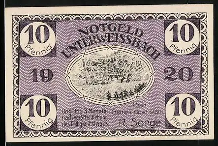 Notgeld Unterweissbach 1920, 10 Pfennig, Ortsansicht von oben