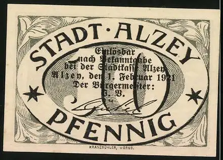 Notgeld Alzey 1921, 10 Pfennig