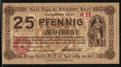 Notgeld Köln a. Rh. 1920, 25 Pfennig, Statue und Rathaus