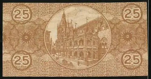 Notgeld Köln a. Rh. 1920, 25 Pfennig, Statue und Rathaus