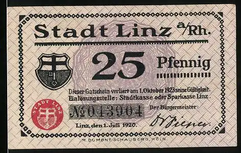 Notgeld Linz a. Rh. 1920, 25 Pfennig, Ortsansicht und Wappen