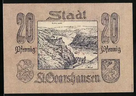 Notgeld St. Goarshausen, 20 Pfennig, Burg Katz und Wappen