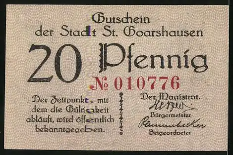 Notgeld St. Goarshausen, 20 Pfennig, Burg Katz und Wappen