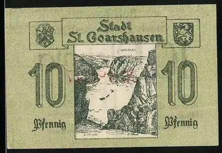 Notgeld St. Goarshausen, 10 Pfennig, Loreley und Wappen