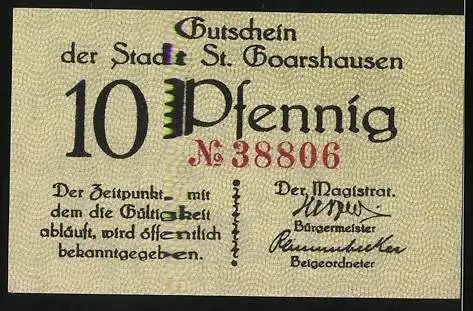 Notgeld St. Goarshausen, 10 Pfennig, Loreley und Wappen