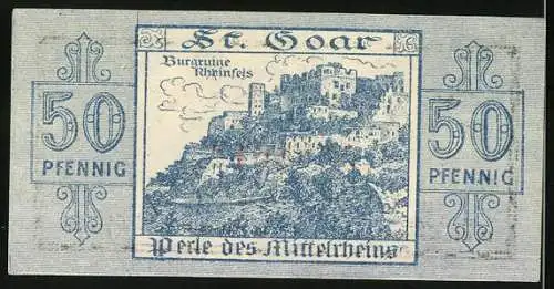 Notgeld St. Goar 1920, 50 Pfennig, Schiff mit Ortsblick und Burgruine Rheinfels