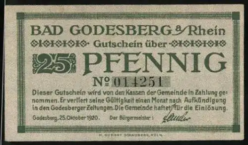 Notgeld Bad Godesberg am Rhein 1920, 25 Pfennig, Blick zur Burg