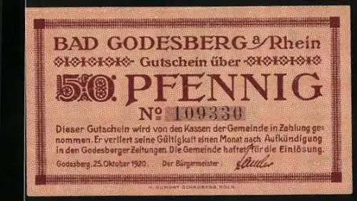 Notgeld Bad Godesberg am Rhein 1920, 50 Pfennig, Porträt von Aennchen