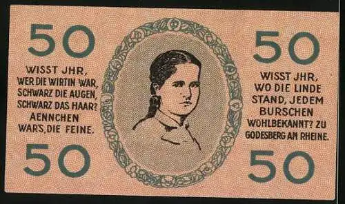 Notgeld Bad Godesberg am Rhein 1920, 50 Pfennig, Porträt von Aennchen