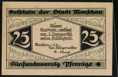 Notgeld Monschau 1921, 25 Pfennig, Ortsansicht