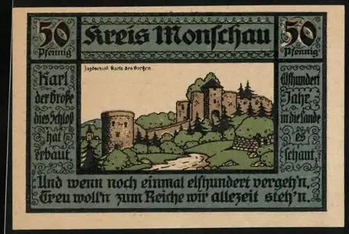 Notgeld Monschau 1921, 50 Pfennig, Jagdschloss Karls des Grossen