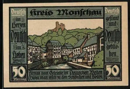 Notgeld Monschau 1921, 50 Pfennig, Teilansicht vom Ort