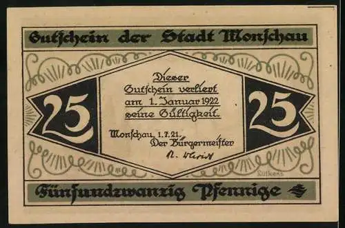 Notgeld Monschau 1921, 25 Pfennig, Partie am Markt