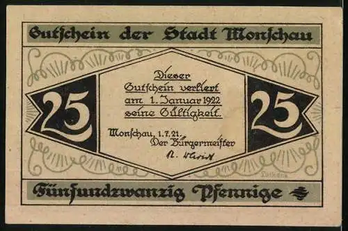 Notgeld Monschau 1921, 25 Pfennig, Ortsansicht